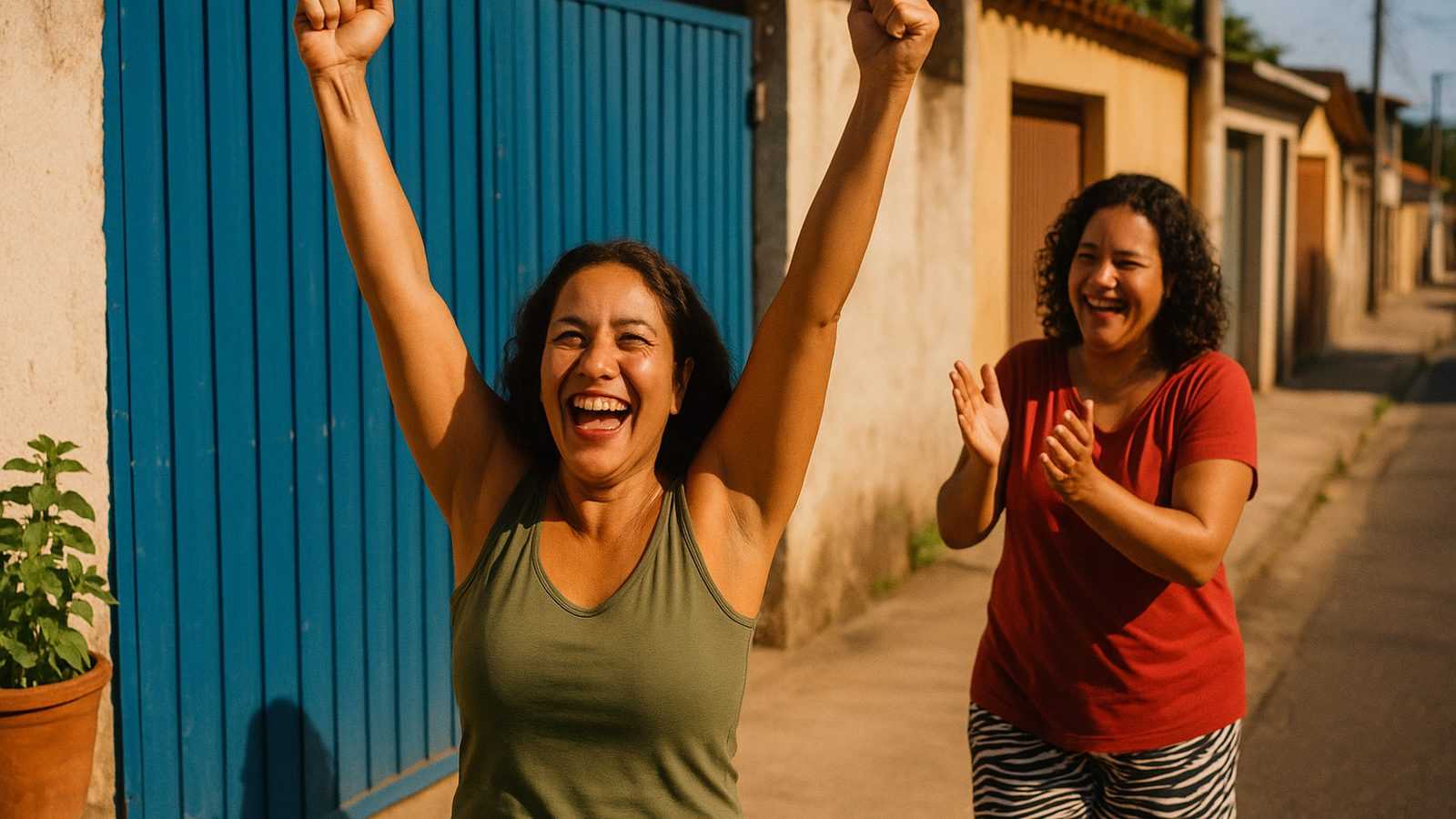 Duas vizinhas comemorando na calçada em frente a um portão azul, uma com os braços erguidos e a outra rindo e batendo palmas, na luz do fim da tarde