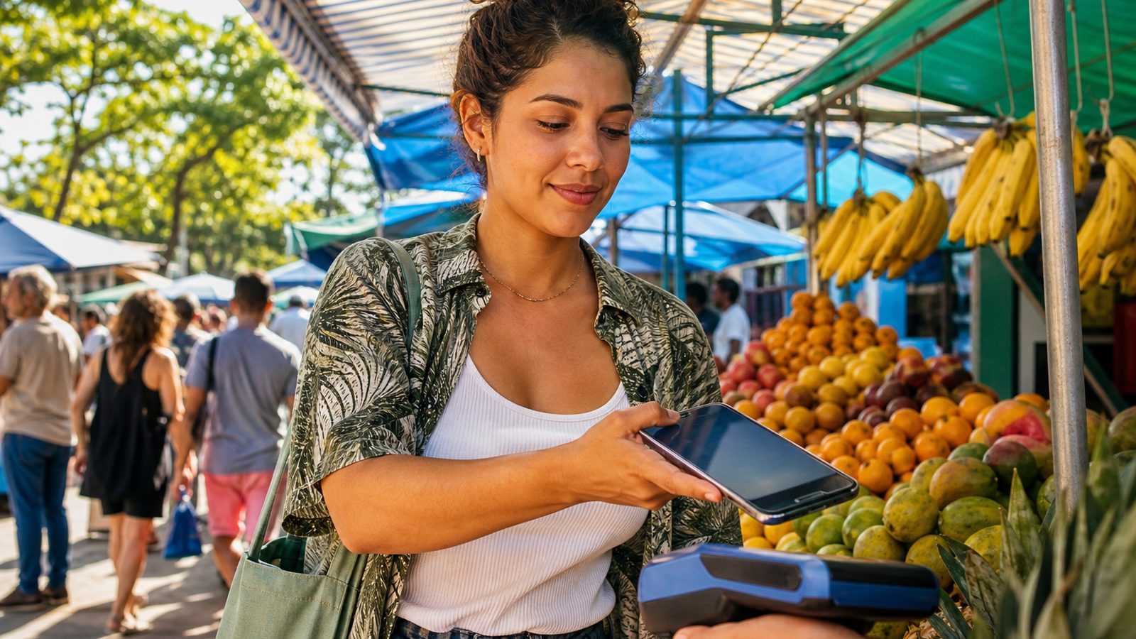 Mulher de uns 30 anos pagando com Pix na banca de frutas da feira, celular em primeiro plano, detalhes em azul e menta, luz da manhã