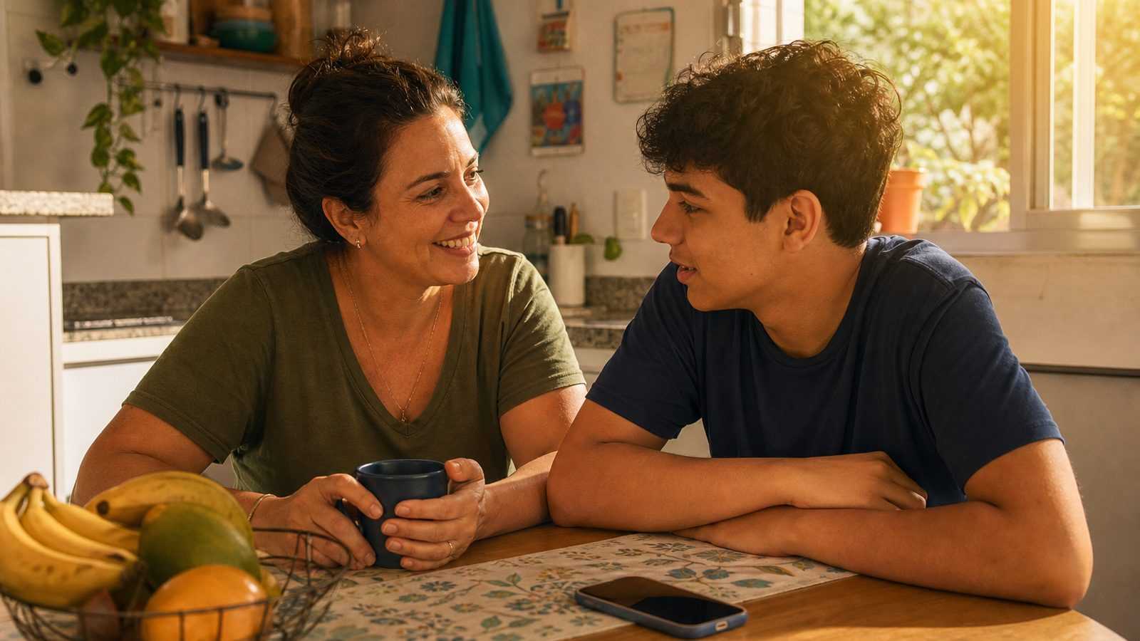 Família à mesa da cozinha no fim de tarde, mãe e filho adolescente conversando com o celular sobre a mesa, sob luz quente