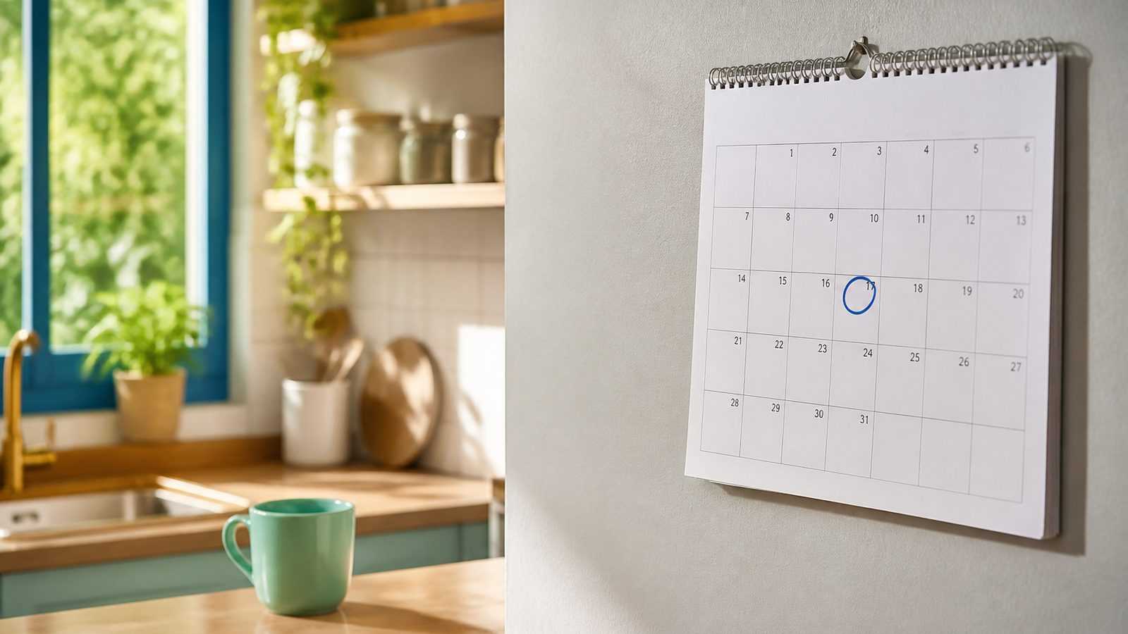 Calendário de parede numa cozinha ensolarada, com um dia marcado à caneta e uma caneca verde ao lado
