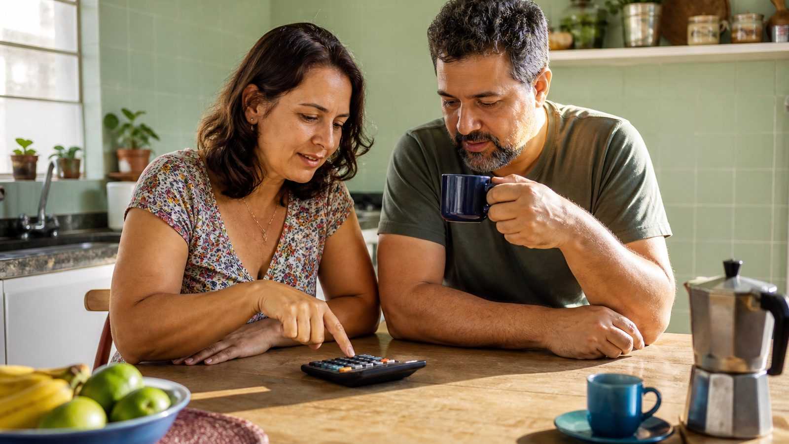 Casal conversando com calma à mesa da cozinha de manhã, ela apontando uma calculadora e ele com uma xícara azul de café na mão