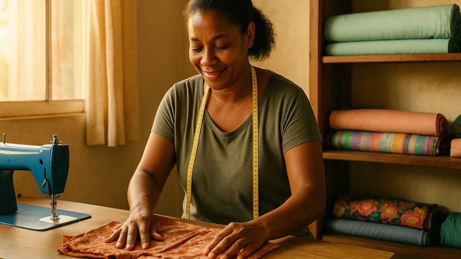 Costureira dobrando um vestido pronto na mesa de trabalho, no ateliê montado na sala de casa, com uma máquina de costura azul ao lado, na luz do fim da tarde