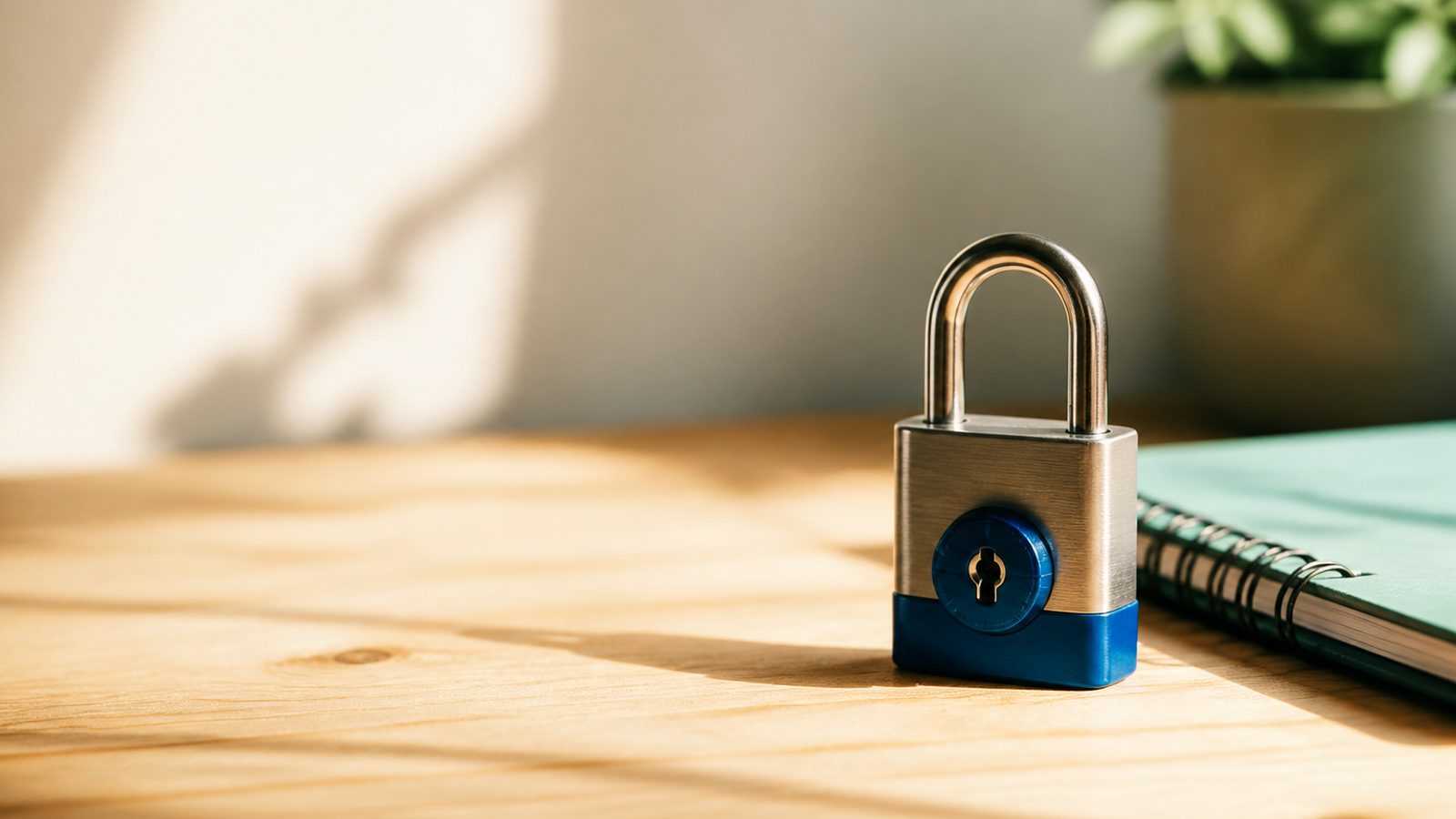 Cadeado de metal fechado, com detalhe azul, sobre uma mesa de madeira ao lado de um caderno