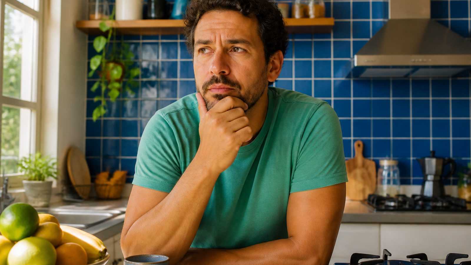 Homem na cozinha de casa com expressão de dúvida, mão no queixo, diante de azulejos azuis