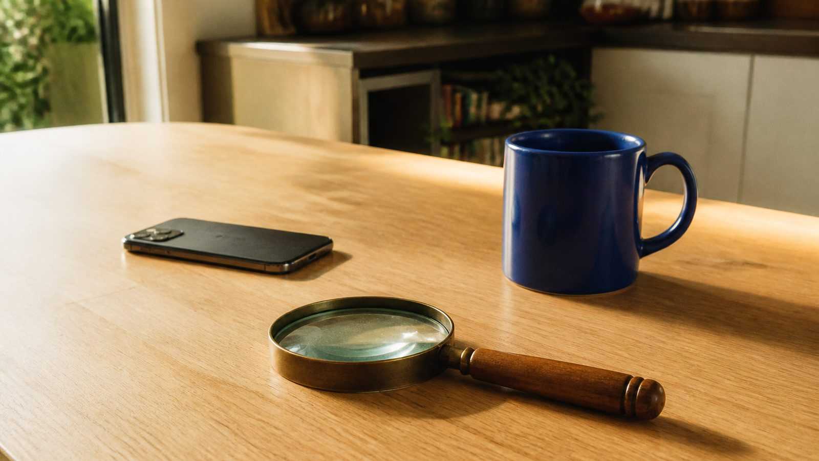 Lupa de cabo de madeira sobre a mesa da cozinha, ao lado de uma caneca azul e de um celular virado para baixo, na luz da manhã