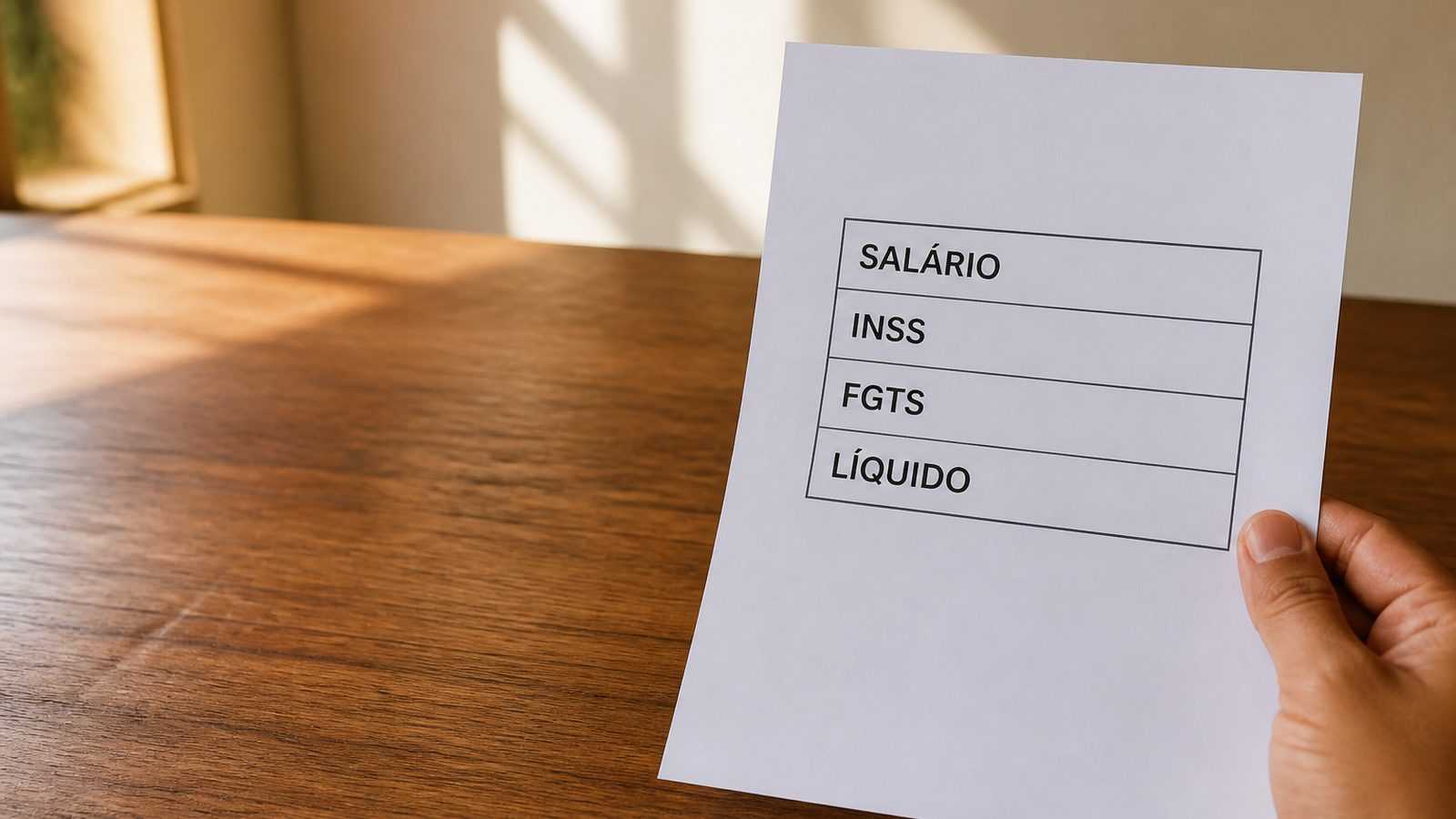 Mão segurando uma folha de holerite com um quadro simples onde se leem salário, INSS, FGTS e líquido, sobre uma mesa de madeira