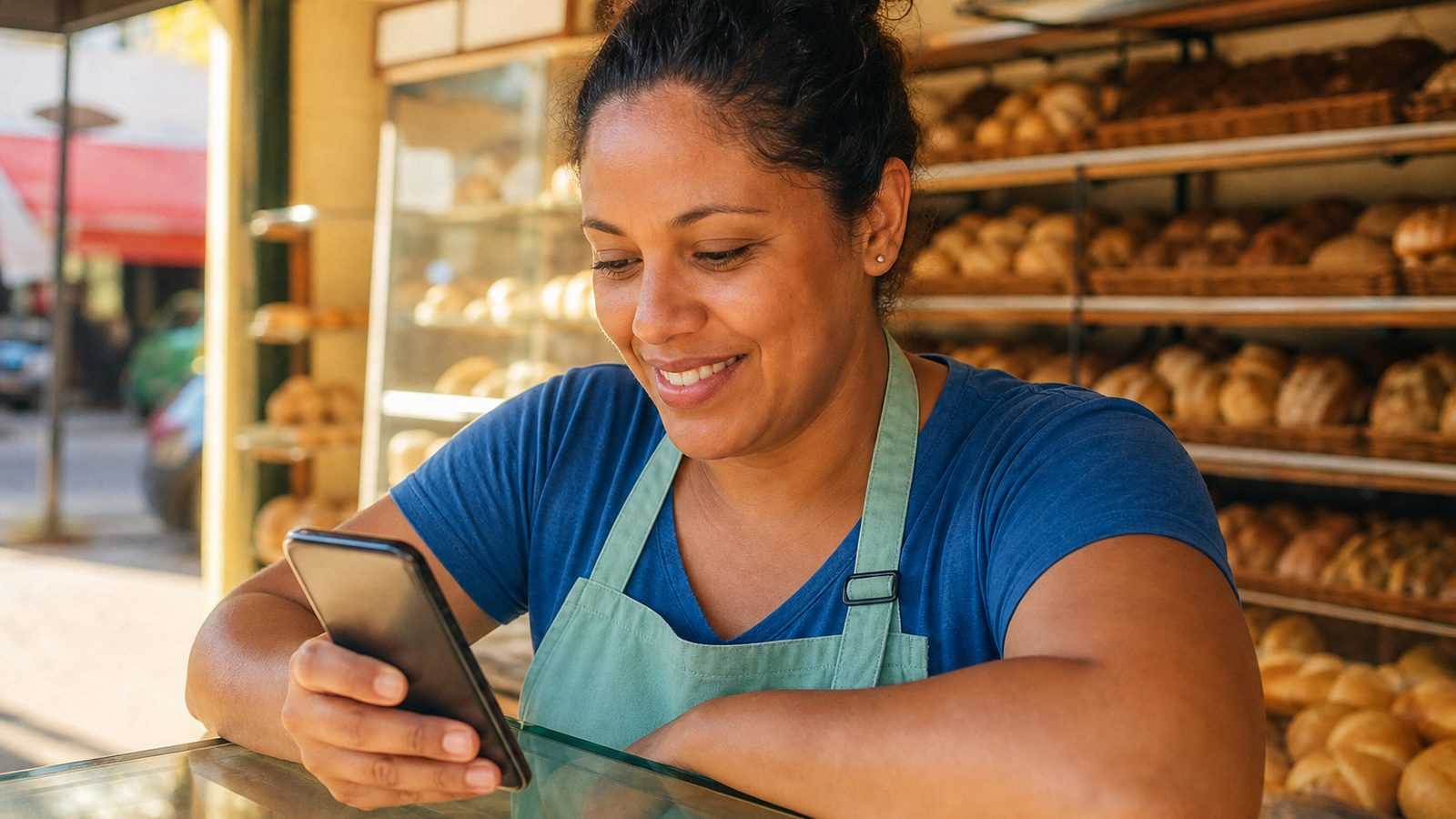 Atendente de padaria de avental verde menta olhando o celular com um sorriso leve, encostada no balcão, na luz da manhã
