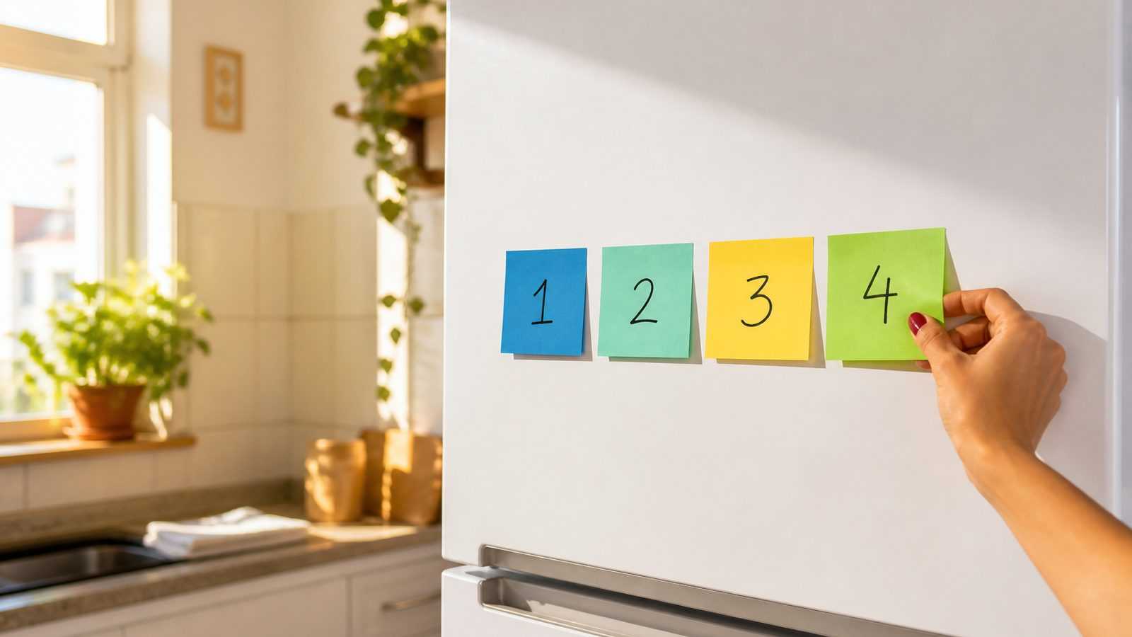 Mão colando quatro post-its numerados de 1 a 4, em fila, na porta de uma geladeira branca numa cozinha clara