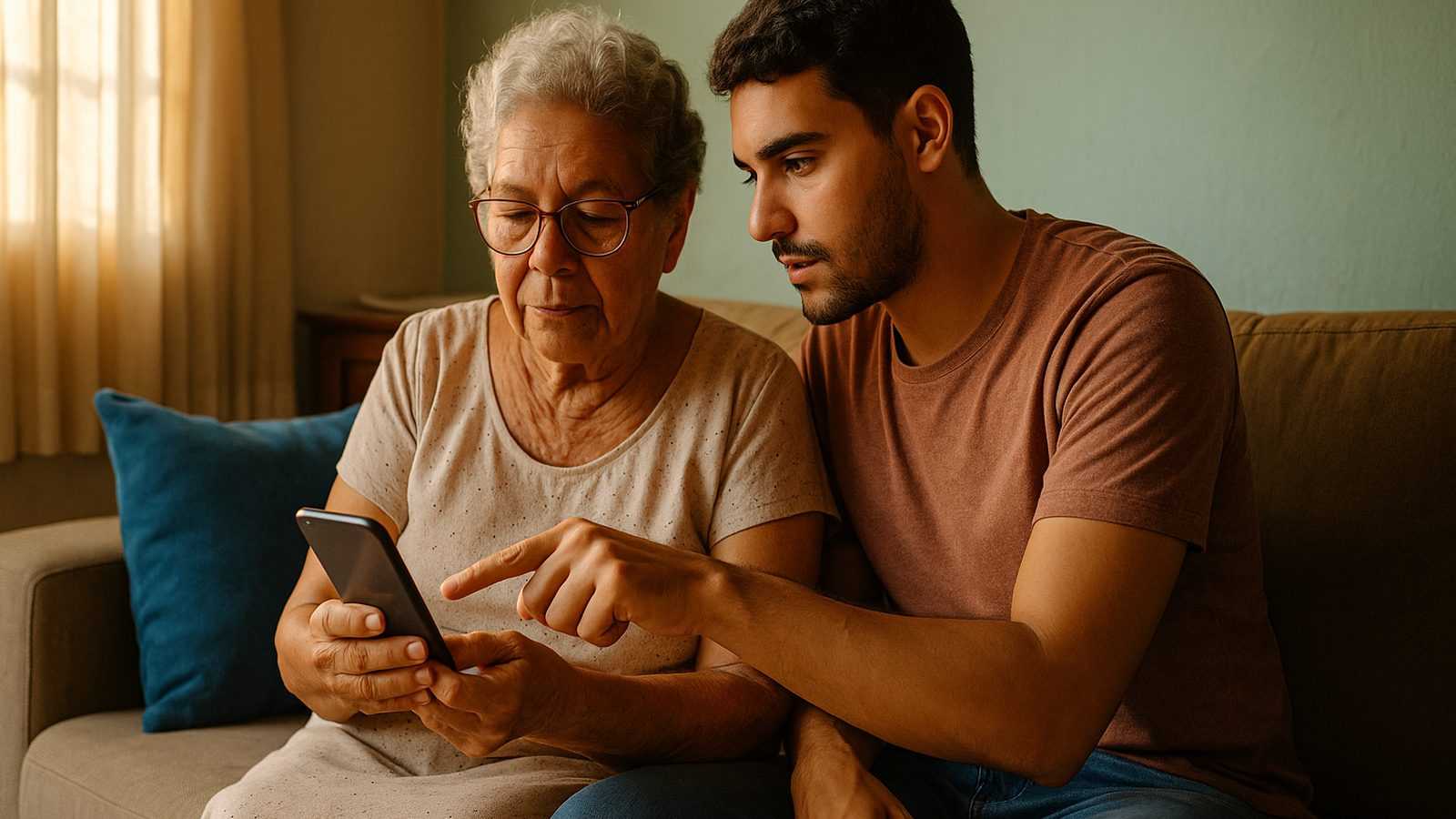 Rapaz sentado no sofá da sala ao lado da avó, apontando a tela do celular que ela segura, como quem mostra onde ligar uma configuração, na luz da tarde