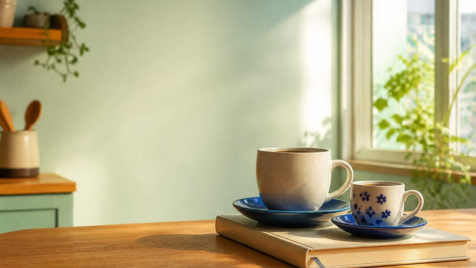 Duas xícaras de café de tamanhos diferentes lado a lado sobre um caderno fechado, na mesa da cozinha