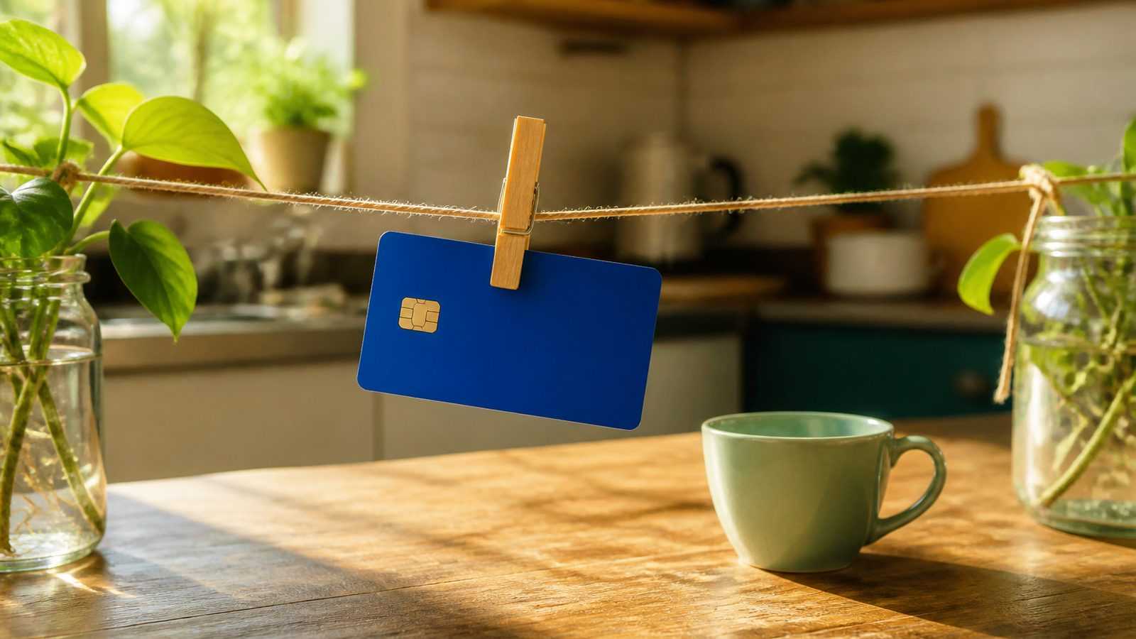Cartão de crédito azul preso por um prendedor de madeira num pequeno varal sobre a mesa da cozinha, ao lado de uma xícara verde, na luz da manhã