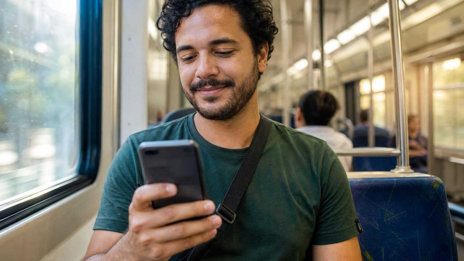 Homem sentado no metrô de manhã, usando o app no celular com expressão de quem acabou de resolver algo