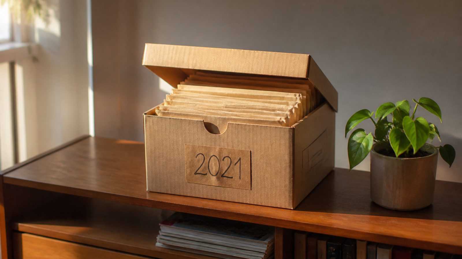 Caixa de papelão de arquivo com a etiqueta 2021 escrita à mão, cheia de envelopes antigos, num canto de armário na luz da janela