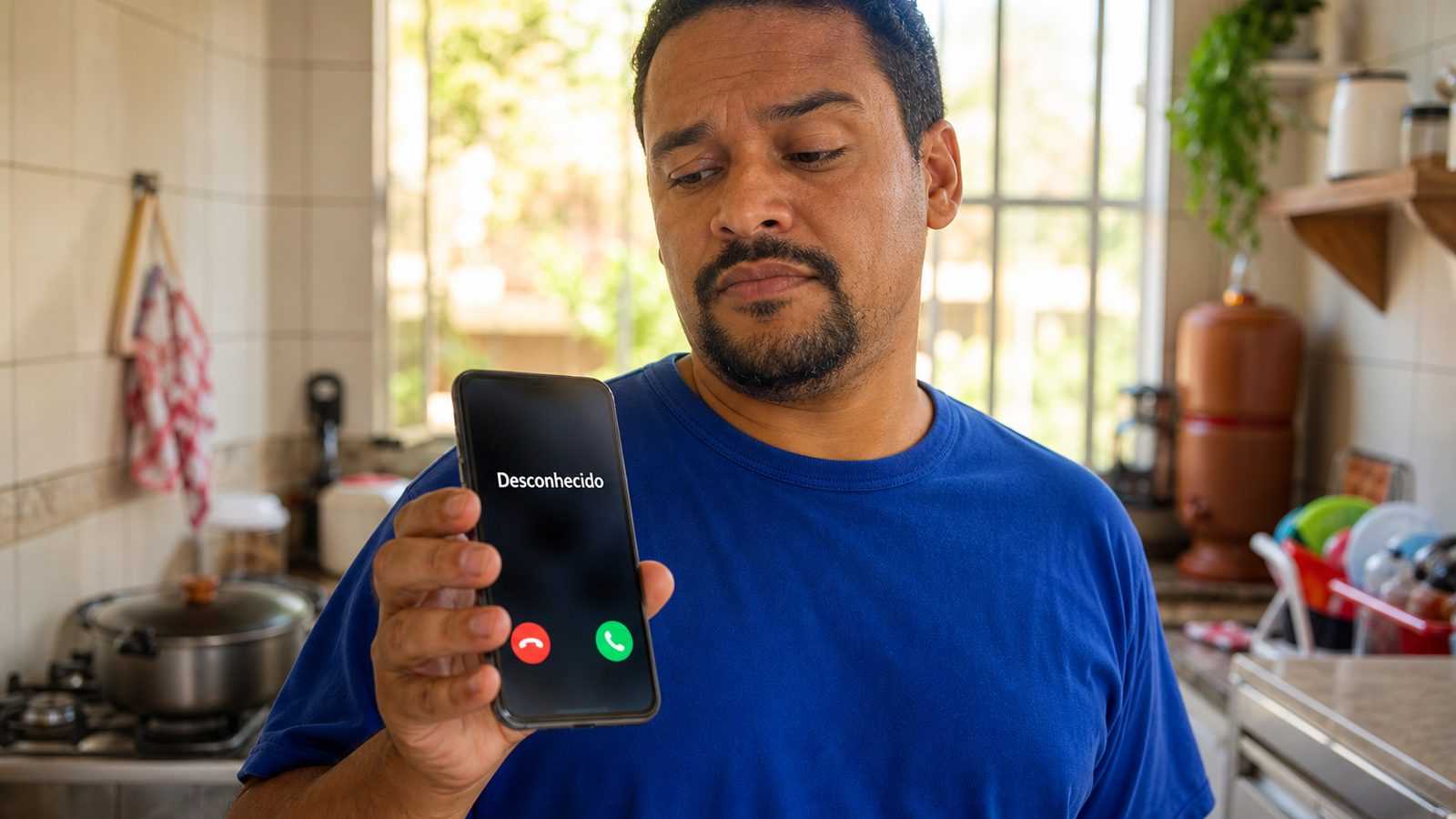 Homem de camiseta azul na cozinha de casa olhando desconfiado o celular, que mostra uma ligação de número desconhecido