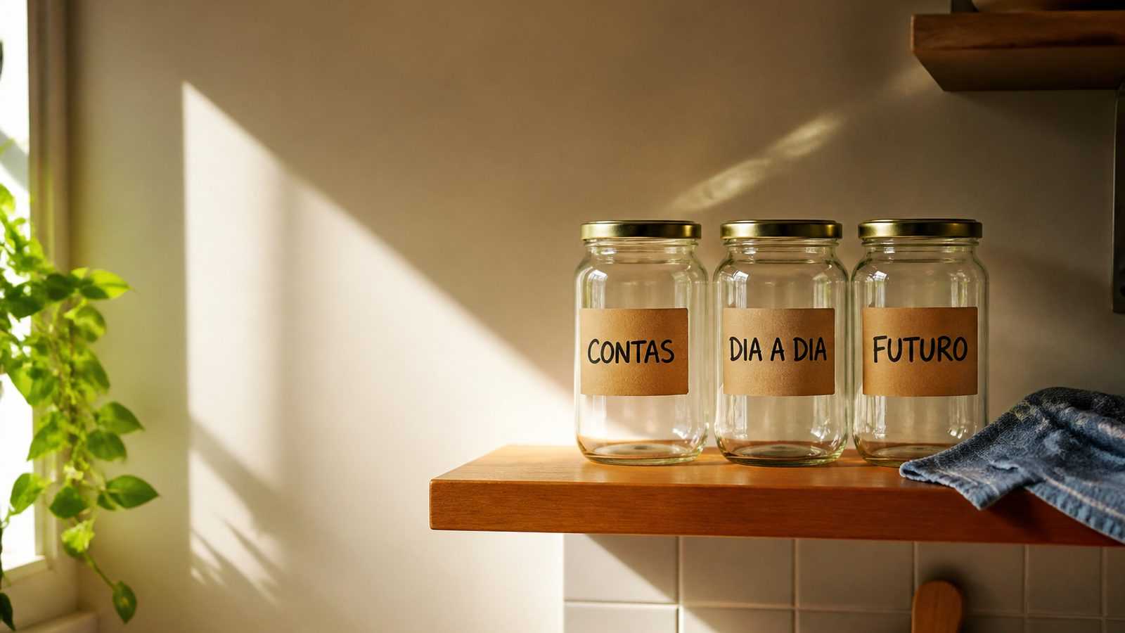 Três potes de vidro vazios numa prateleira de cozinha, com etiquetas escritas à mão: contas, dia a dia e futuro