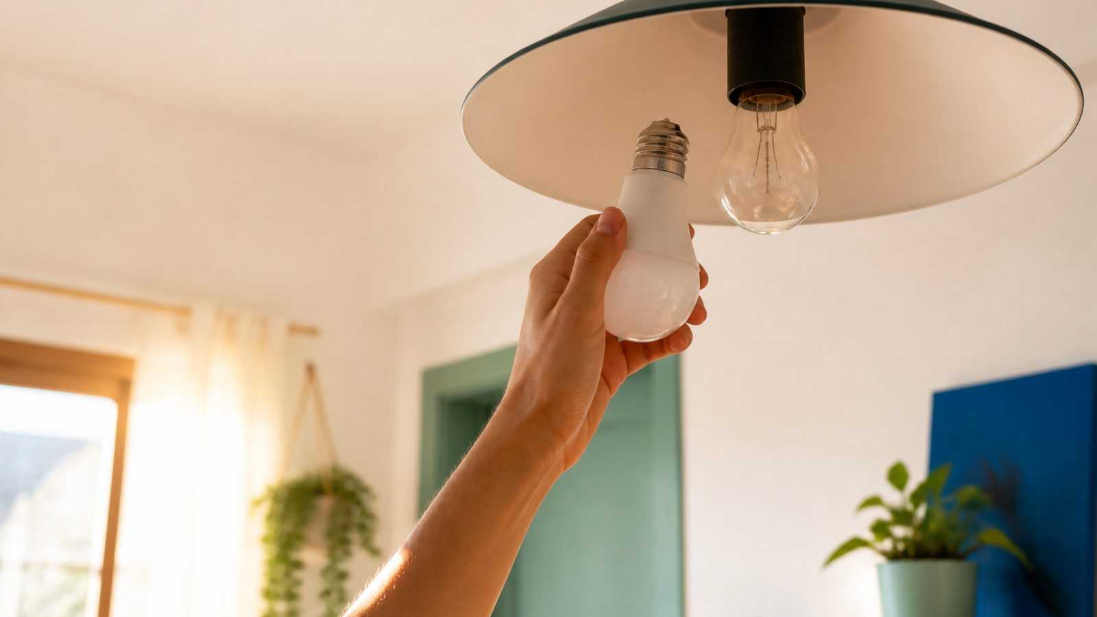 Mão trocando uma lâmpada antiga por uma de LED numa luminária de teto, com luz de fim de tarde entrando pela janela
