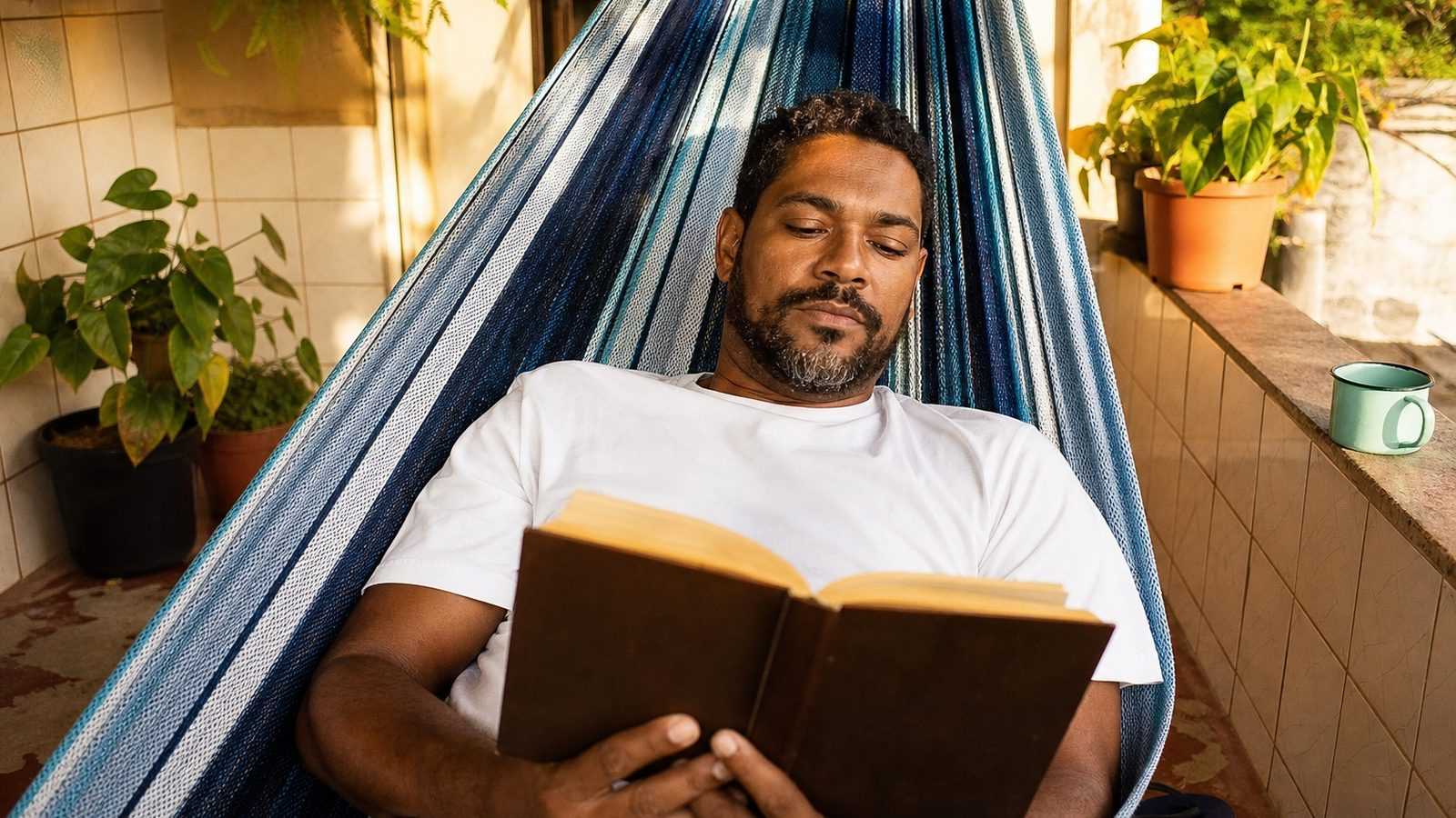 Homem lendo um livro deitado numa rede de listras azuis na varanda de casa, num fim de tarde de sol