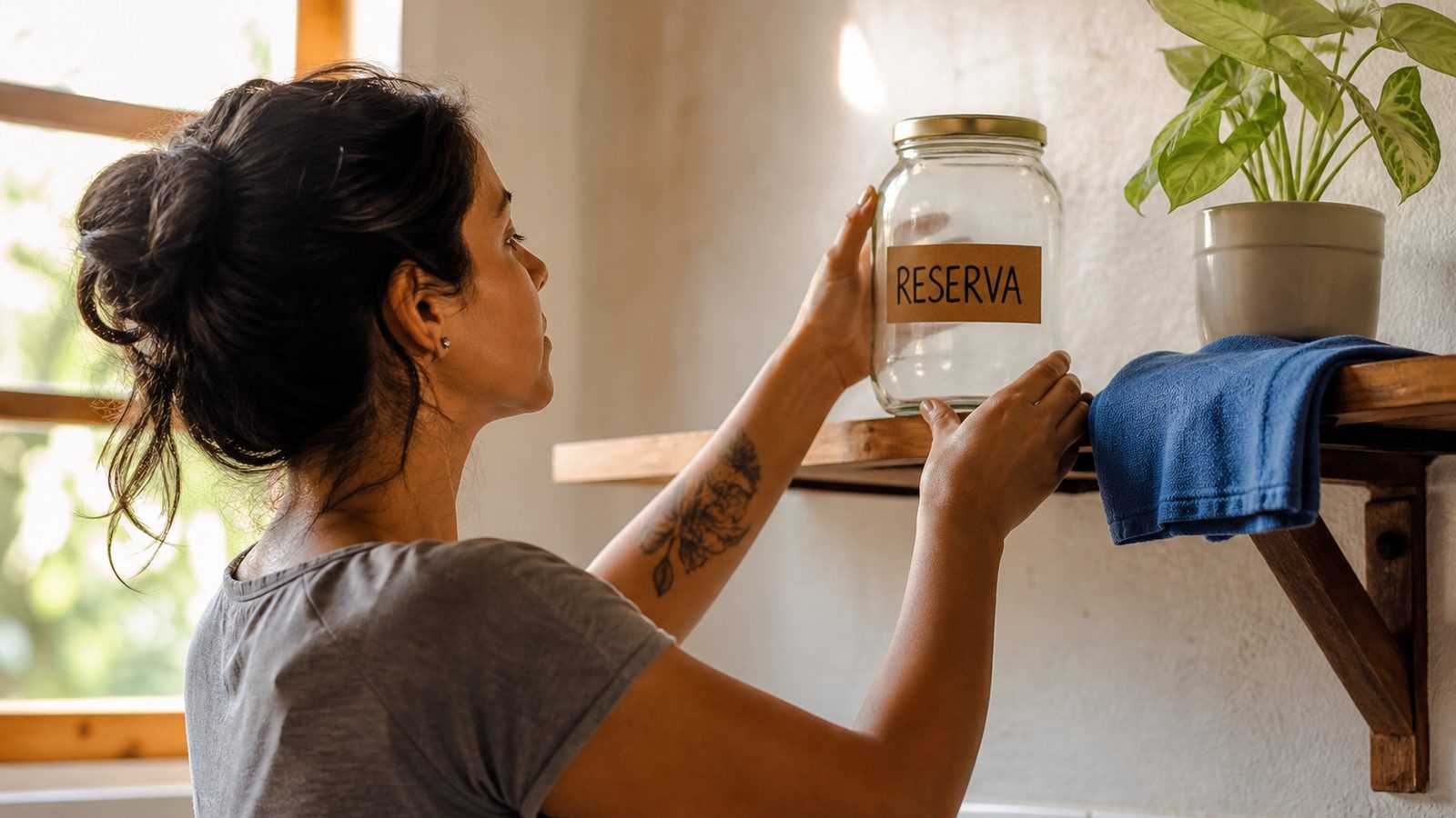 Mulher colocando na prateleira da cozinha um pote de vidro com a etiqueta reserva, na luz da manhã