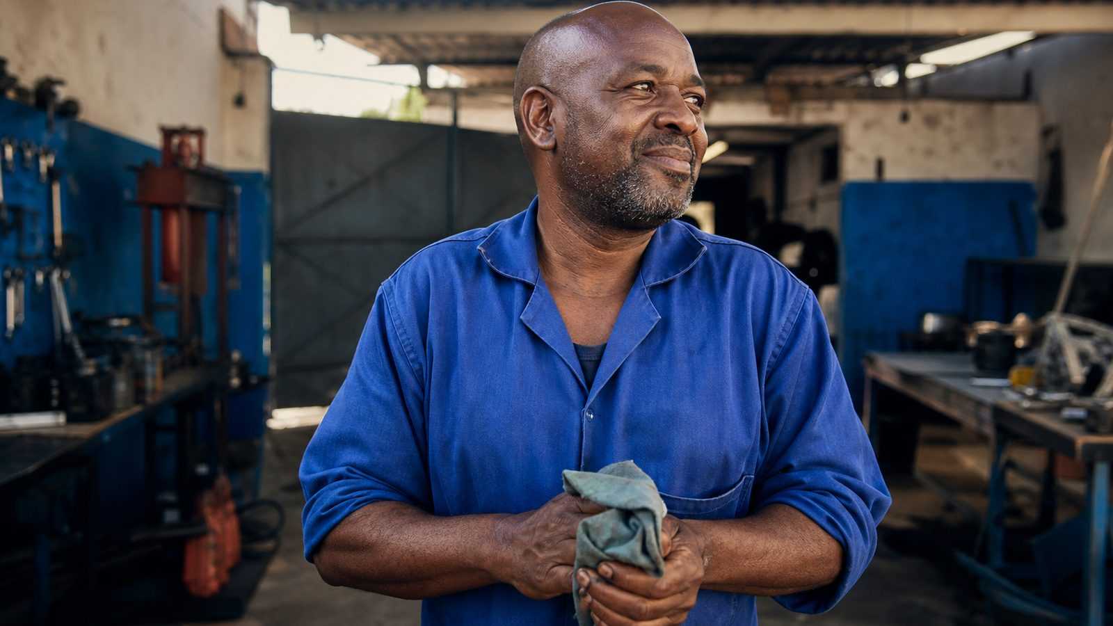 Homem de camisa de trabalho azul fazendo uma pausa no pátio de uma oficina de bairro, na luz da manhã