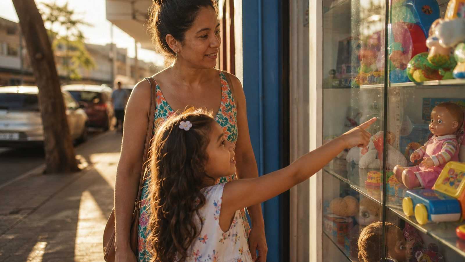 Mãe e filha na calçada olhando a vitrine de uma loja de brinquedos de bairro, no fim da tarde