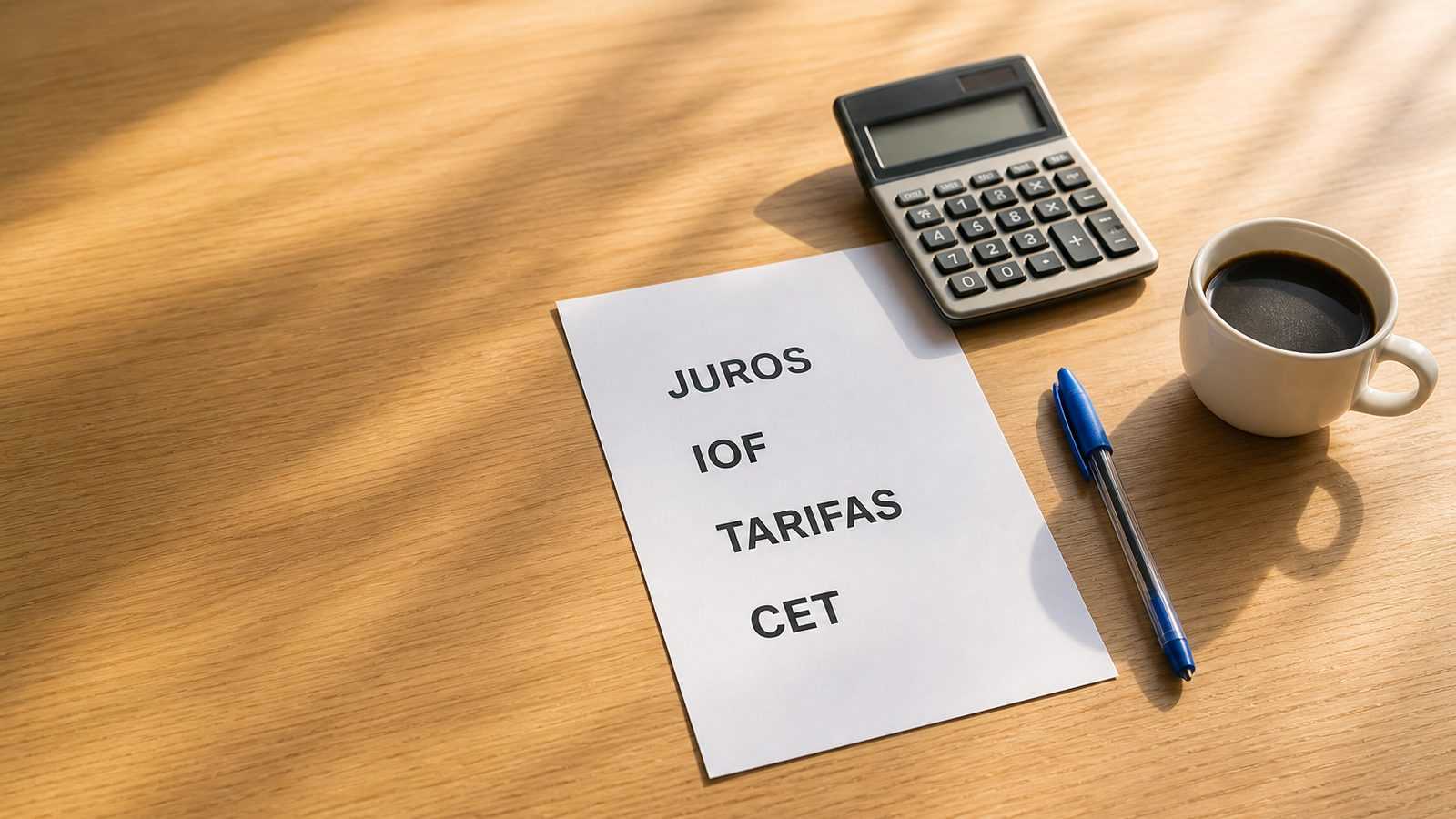 Folha de papel com as palavras juros, IOF, tarifas e CET, sobre a mesa ao lado de uma calculadora, uma caneta azul e uma xícara de café