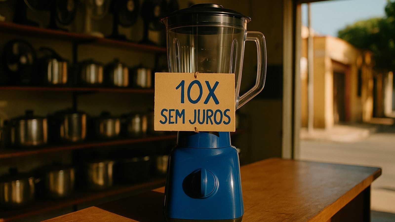 Liquidificador novo no balcão de uma loja de bairro, com uma plaquinha de papelão presa no copo onde se lê 10X SEM JUROS, escrito à mão
